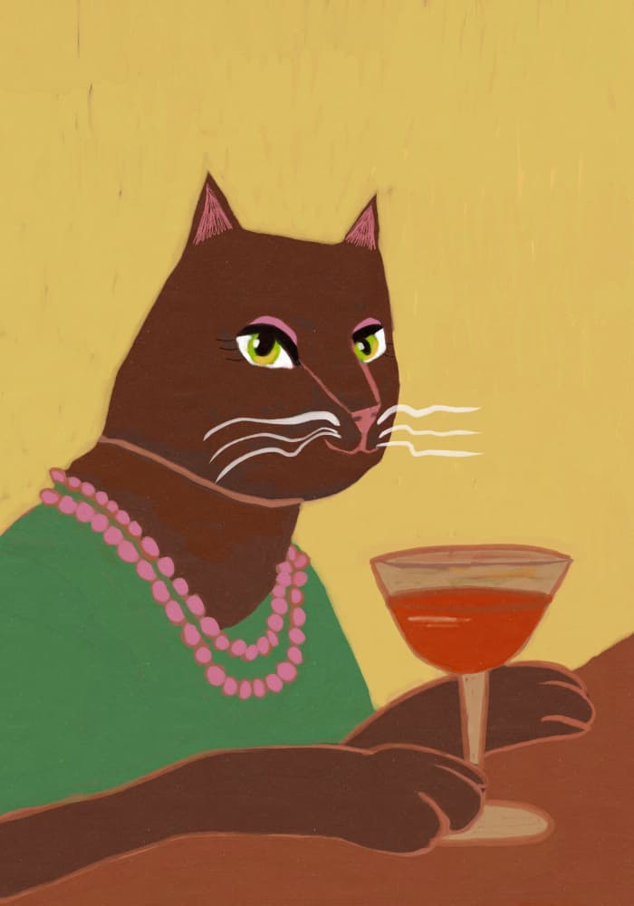 Red wine drinking cat at bar by Sharyn Bursic — canvas wall art