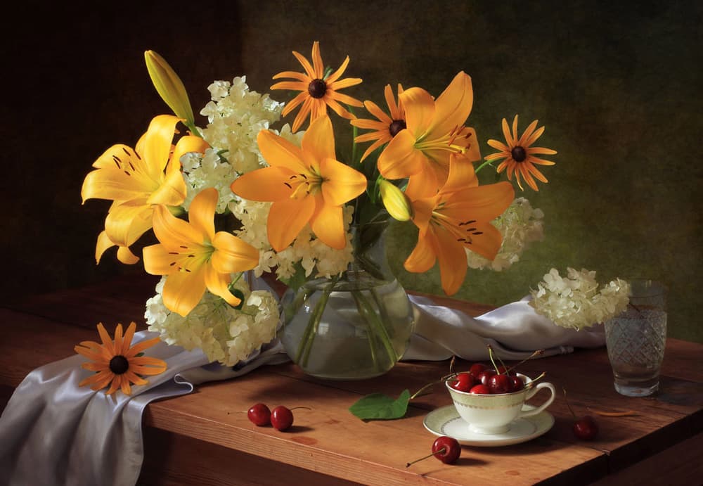 Vibrant Lilies and Cherries by Tatyana Skorokhod — canvas wall art