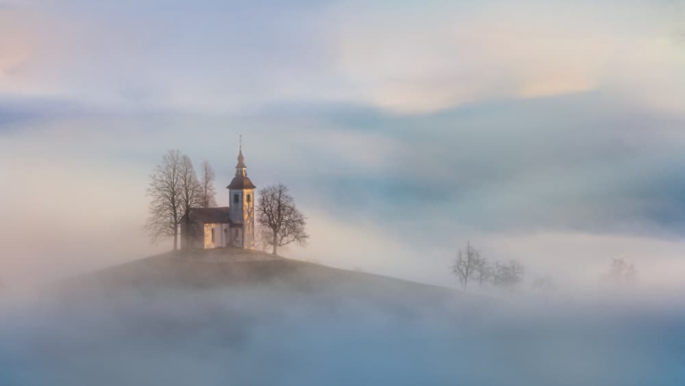 Misty Hilltop Church by Bor — canvas wall art