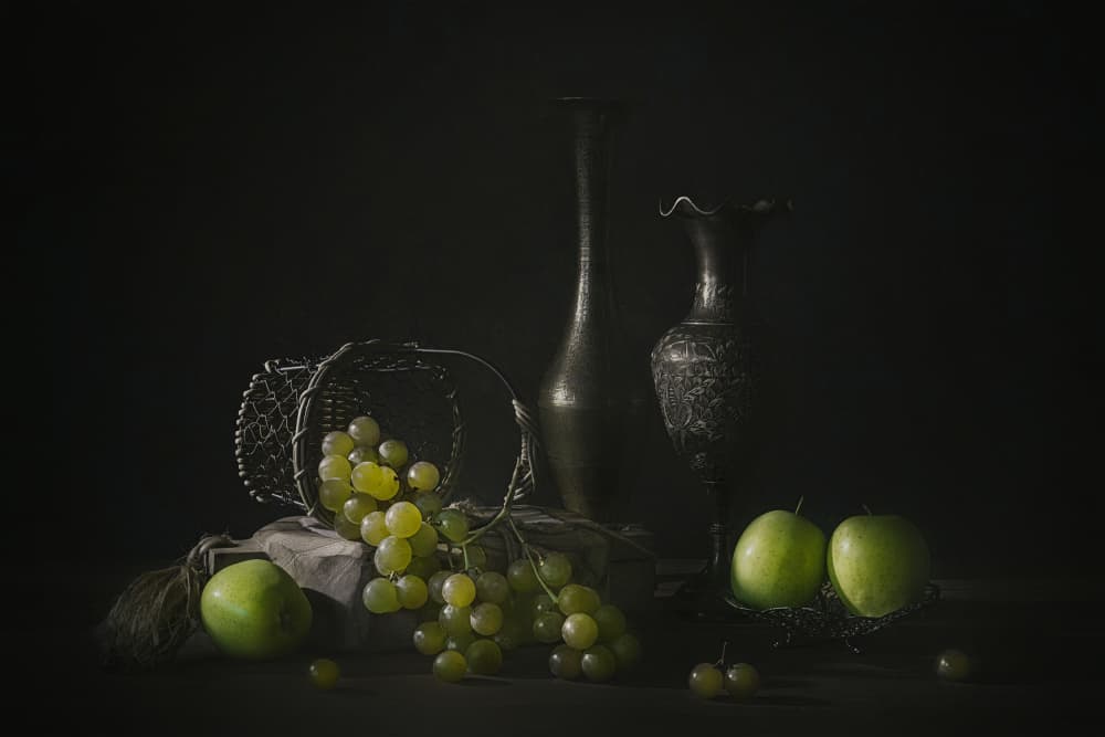 Moody Grapes And Apples by Lydia Jacobs — canvas wall art