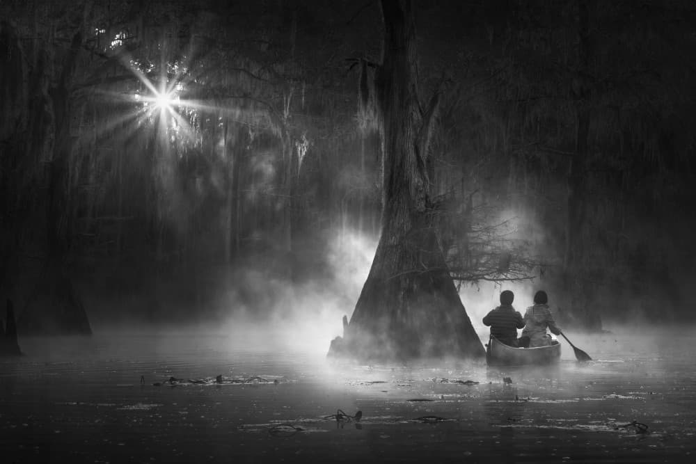Sunlit Misty Bayou Canoe by Ruiqing P. — canvas wall art