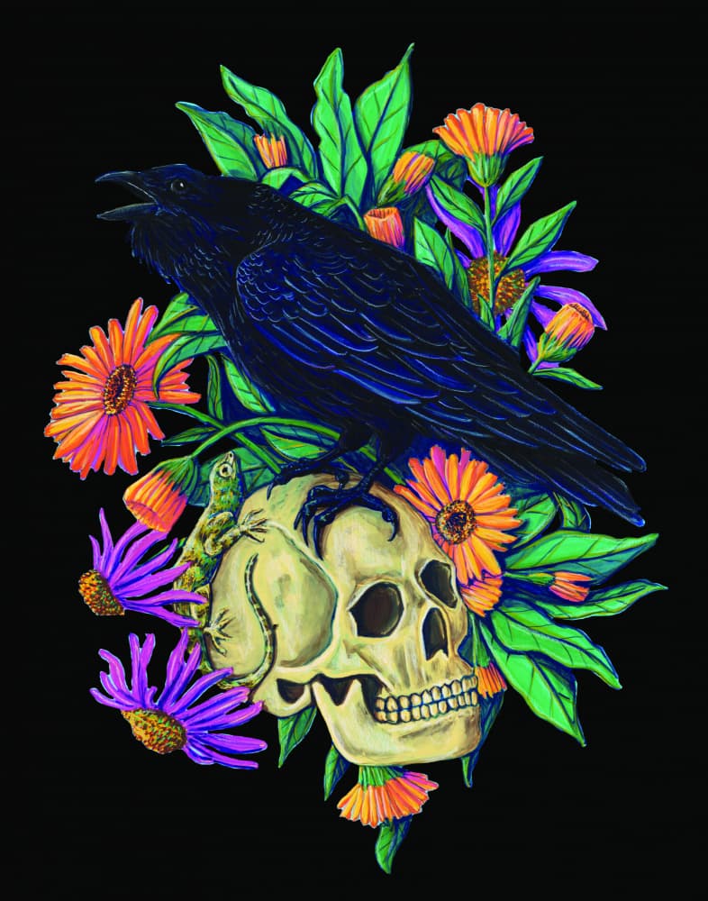 Raven and Skull Bloom by Renee Machan Cottagecore Artist — canvas wall art