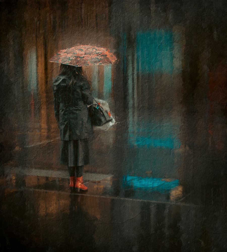 Woman in City Rain by David Chiodo — canvas wall art