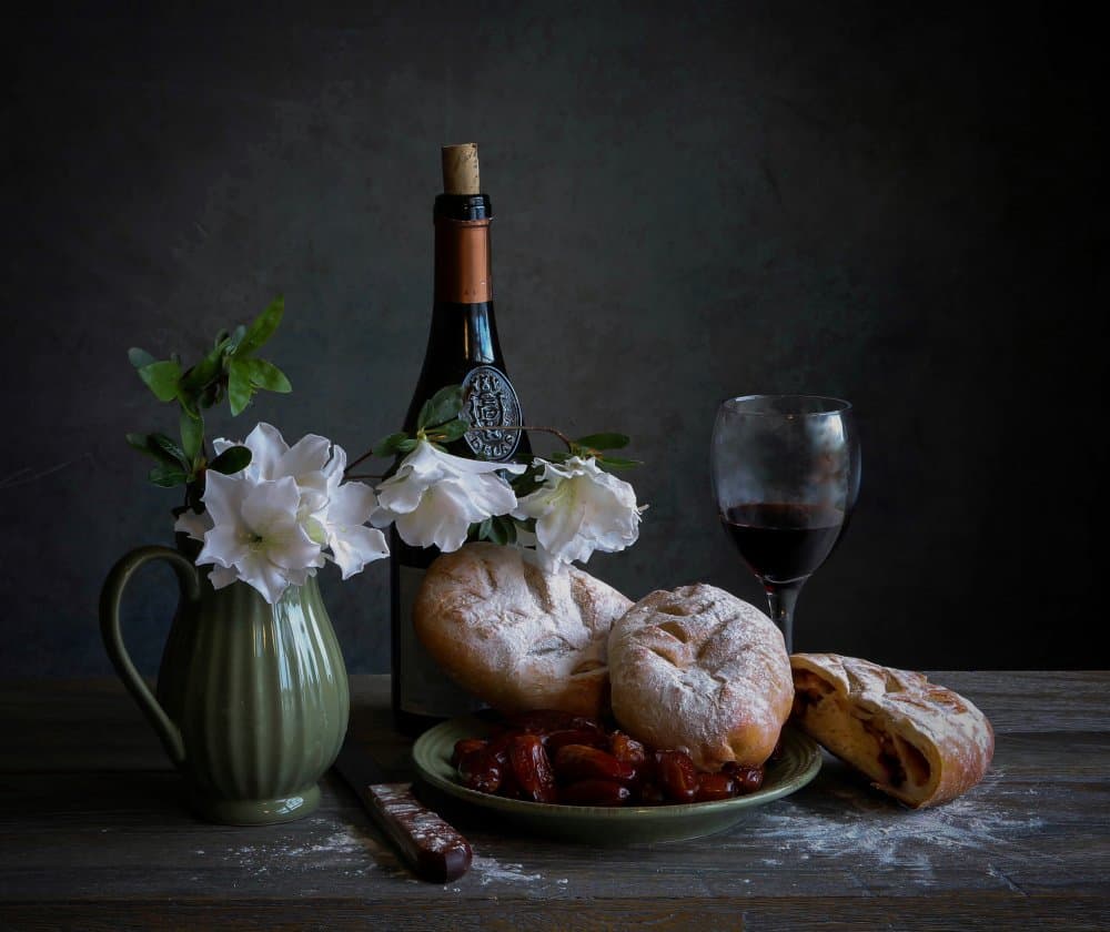 Rustic Wine and Bread by Fangping Zhou — canvas wall art