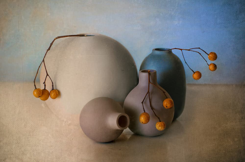 Muted Vases and Berries by Elena Arjona — canvas wall art