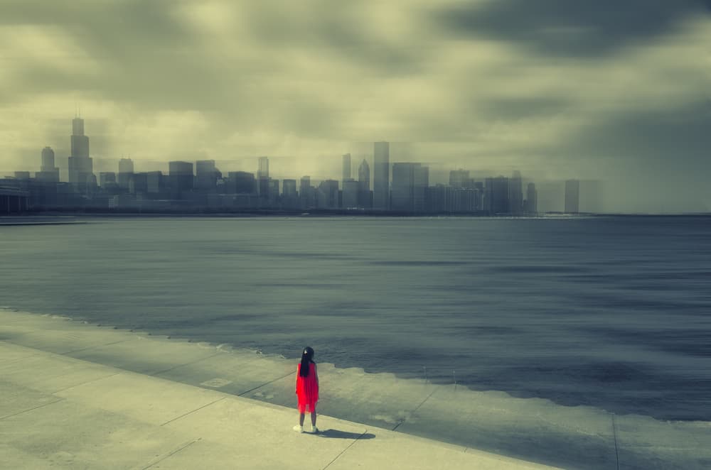 Red Dress City Lake by Yu Cheng — canvas wall art