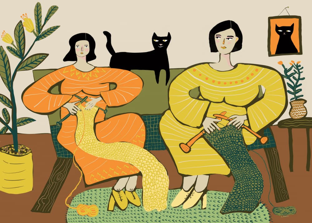 Cozy Knitting Companions by Sharyn Bursic — canvas wall art