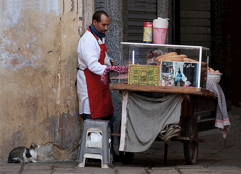 Street Vendor And Cat by Aliza Riza — canvas wall art