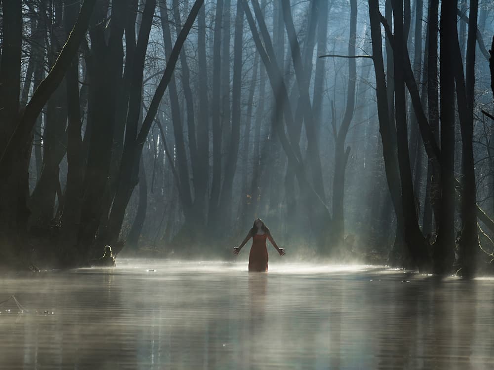 Red Dress Forest Mist by Leszek Paradowski — canvas wall art