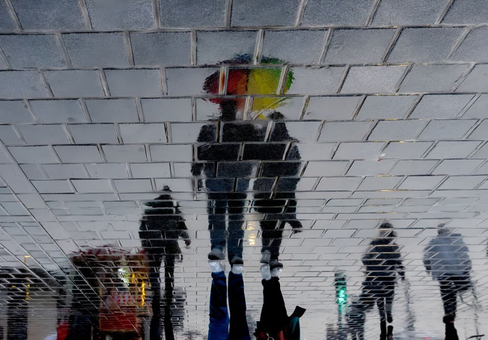 Rainbow Umbrella City Reflections by Karim Al Thahaby — canvas wall art