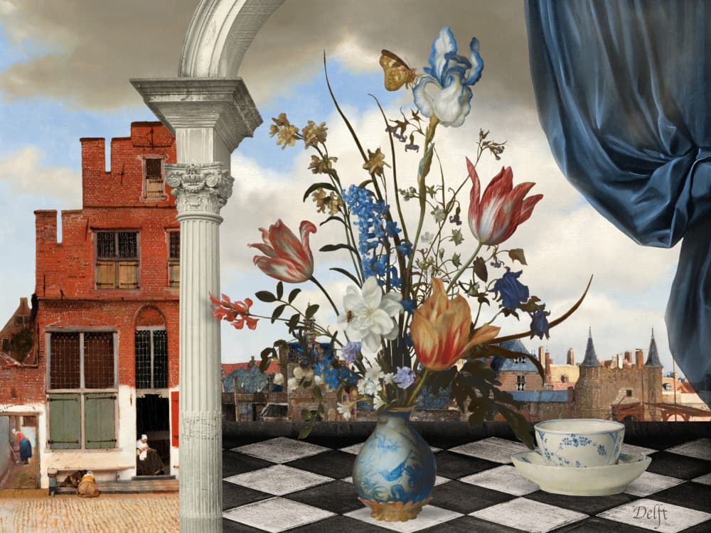 Delft Flowers City View by Marja van den Hurk — canvas wall art