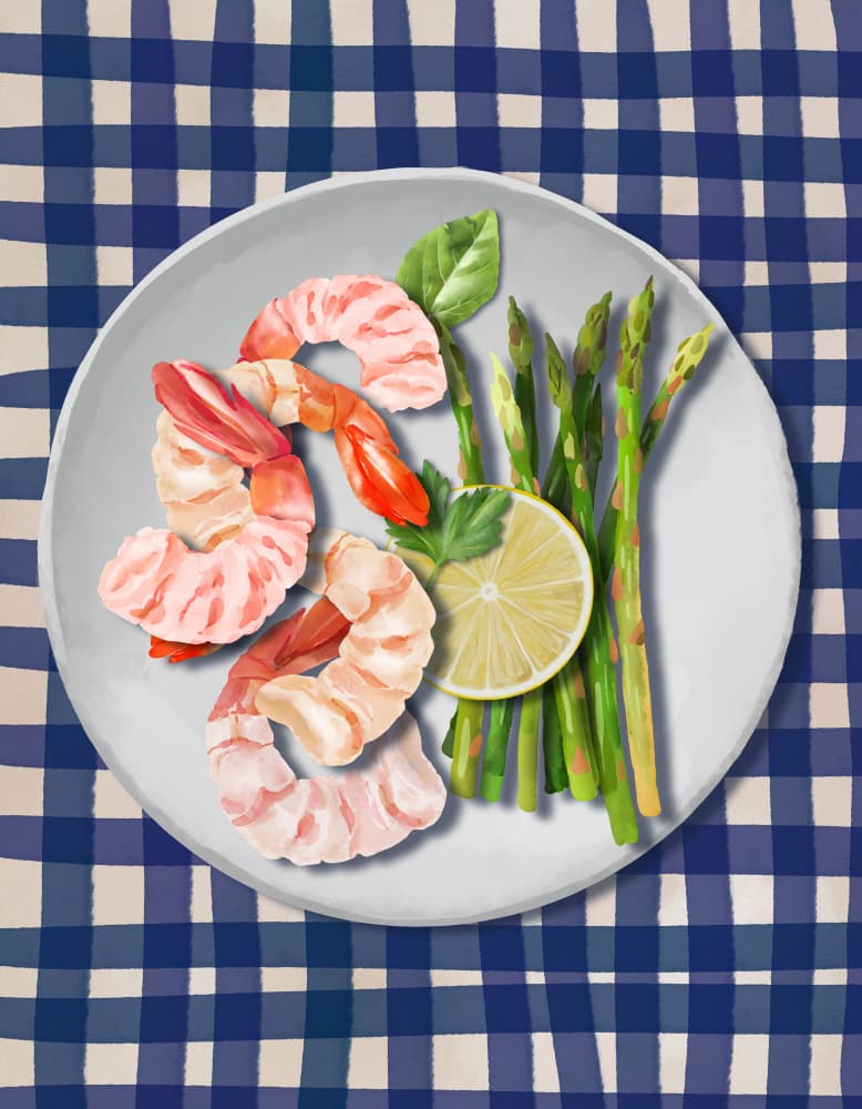 Fresh Shrimp and Asparagus by Elena Dorosh — canvas wall art