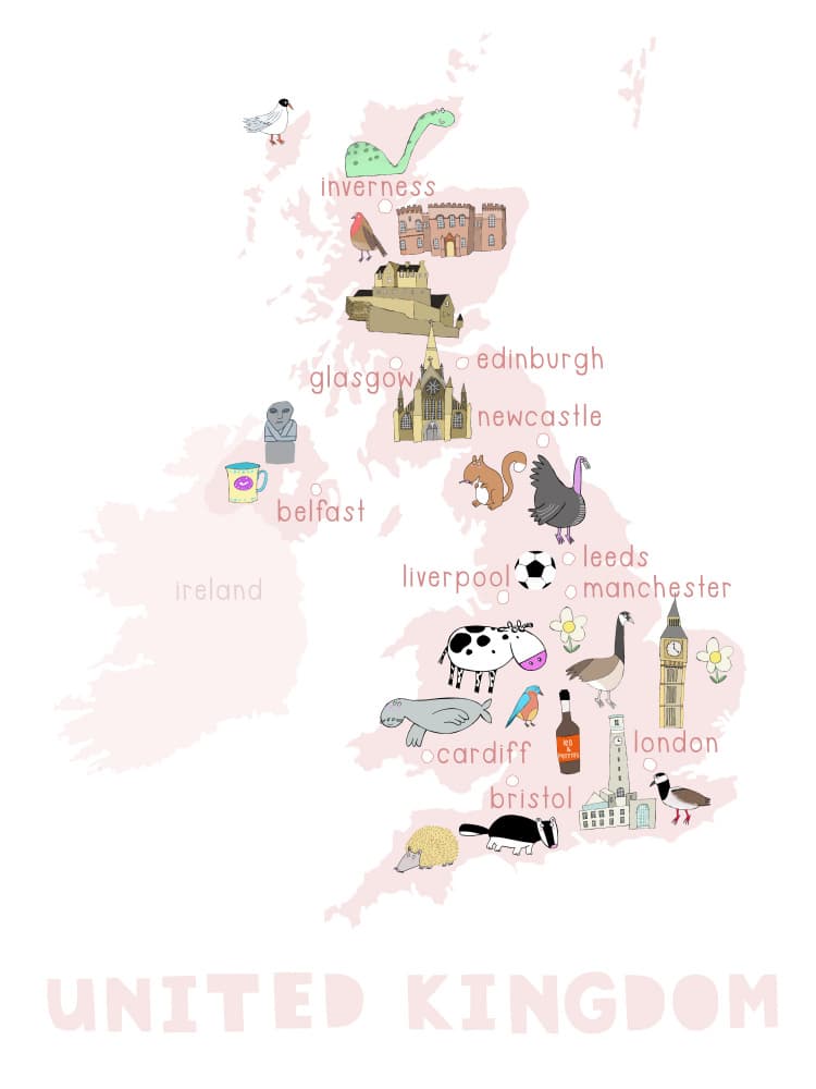 United Kingdom Illustrated Map by Carla Daly — canvas wall art