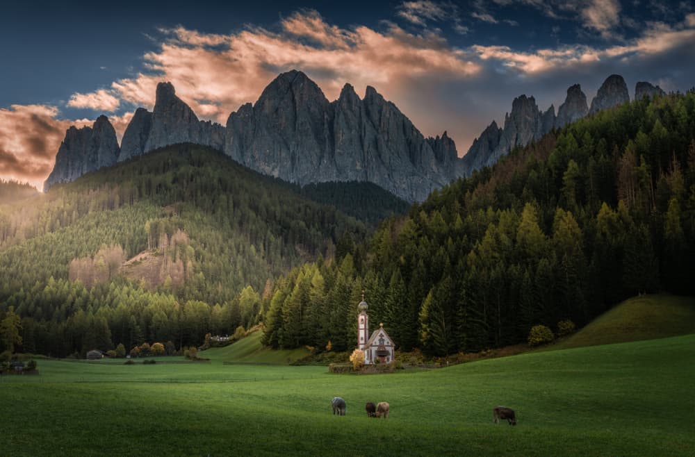 Dolomites Valley Chapel by Bing Li — canvas wall art