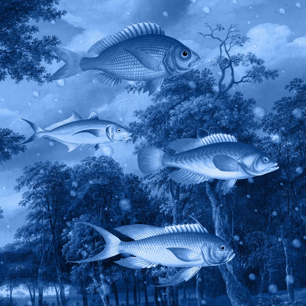 Fish Among Blue Trees by Marja van den Hurk — canvas wall art