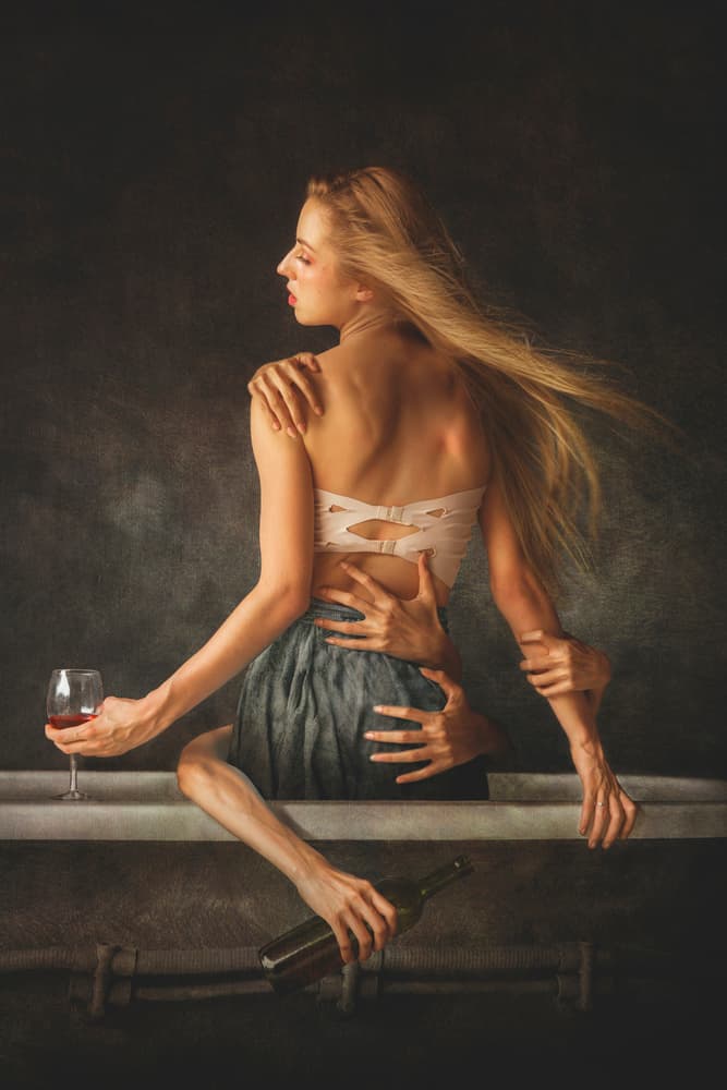 Surreal Woman Holding Wine by Sebastian Kisworo — canvas wall art