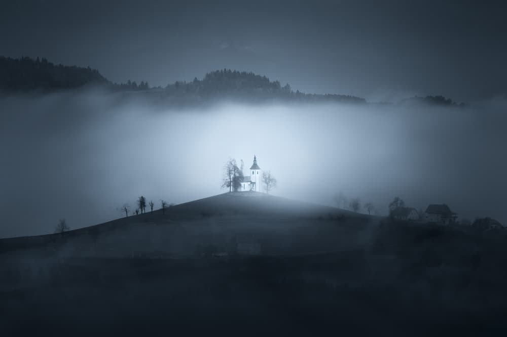 Misty Hilltop Church by Leah Xu — canvas wall art