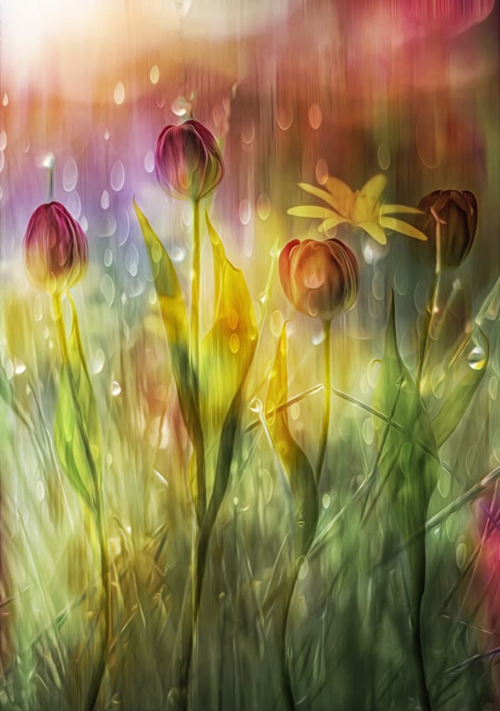 Vibrant Rainy Tulips by Hilda van der Lee — canvas wall art