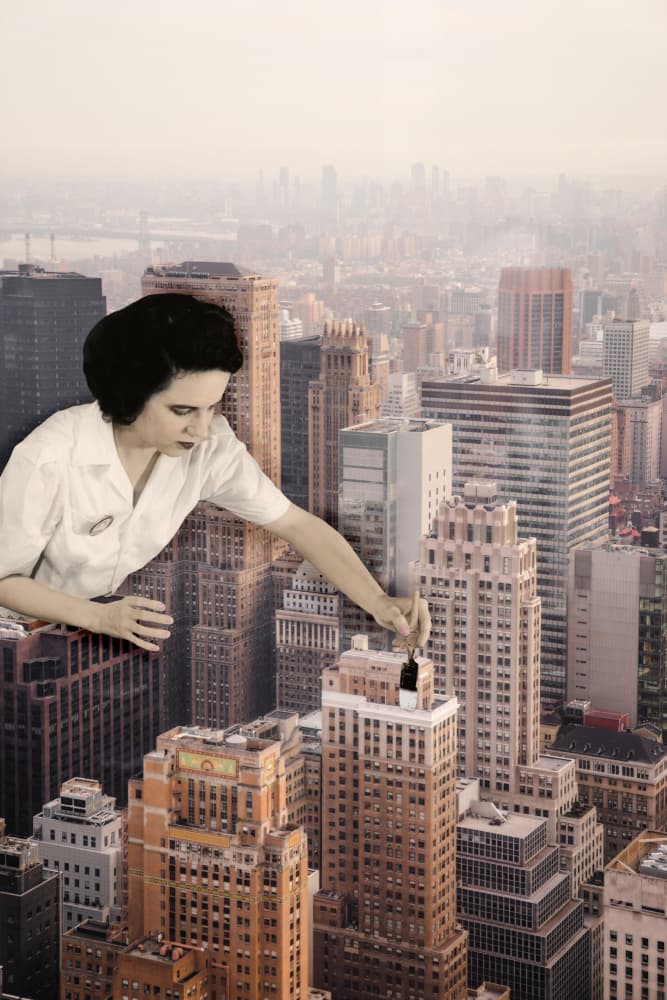 Giant Woman Powers City by Marja van den Hurk — canvas wall art