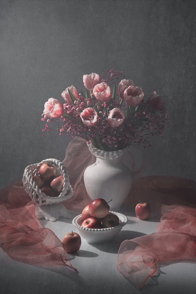 Soft Pink Tulips and Apples by Lydia Jacobs — canvas wall art