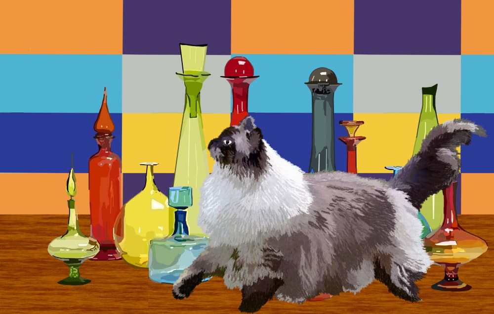 Cat and Colorful Glass Bottles – Retro Whimsical Illustration by Lynnda Rakos — canvas wall art