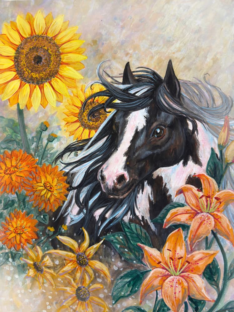 Horse Among Sunflowers by Renee Machan Cottagecore Artist — canvas wall art