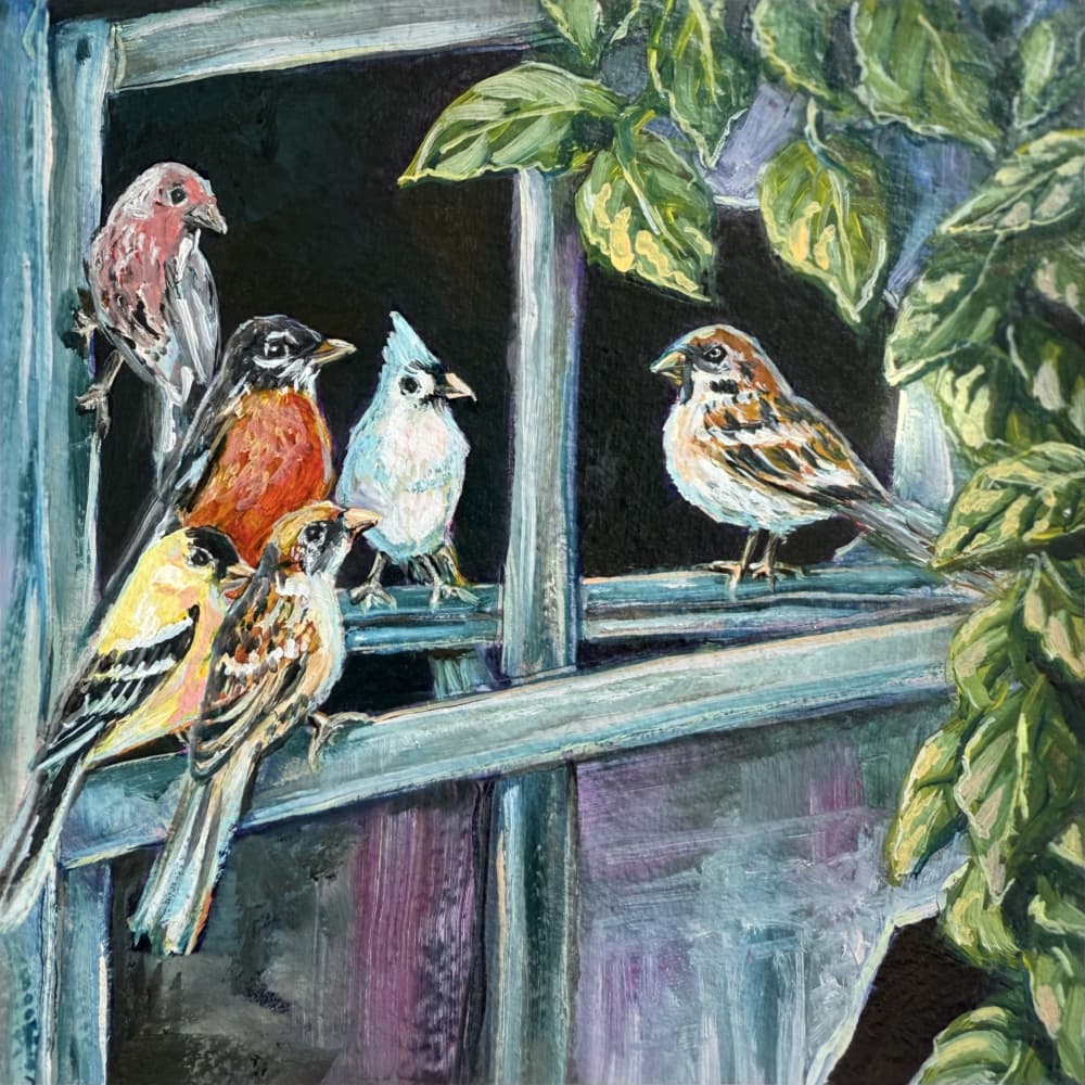 Colorful Birds Window Perch by Renee Machan Cottagecore Artist — canvas wall art