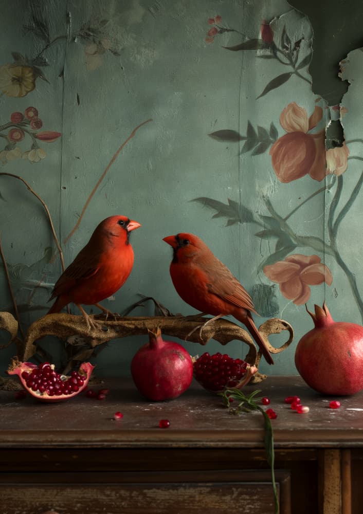 Cardinals And Pomegranates Still Life by Niky Rahner — canvas wall art