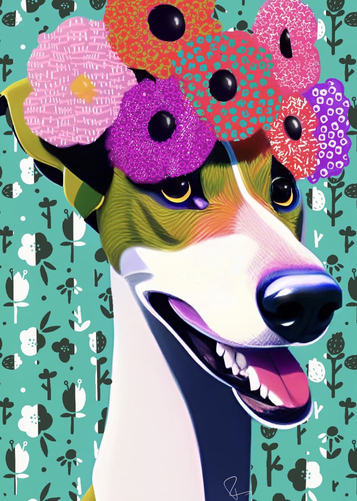 Happy Dog Flower Crown by Ruth Day — canvas wall art