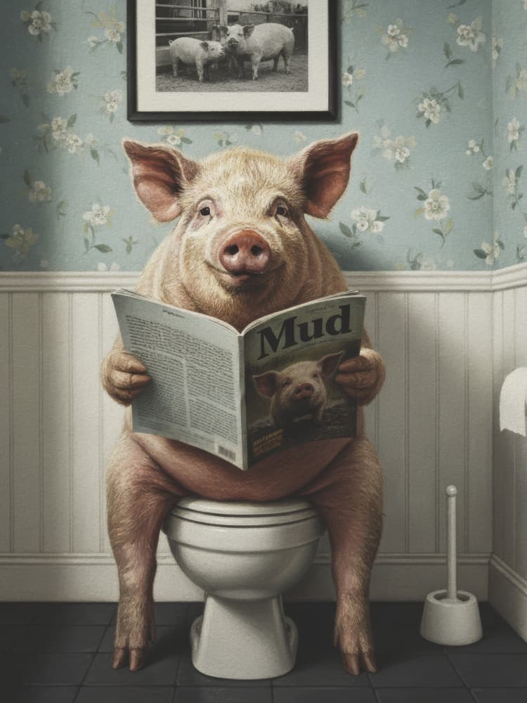 Happy Pig Reading Mud by Andreas Magnusson — canvas wall art