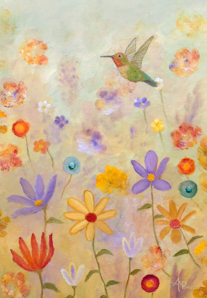 Whimsical Hummingbird Garden by Angeles M. Pomata — canvas wall art