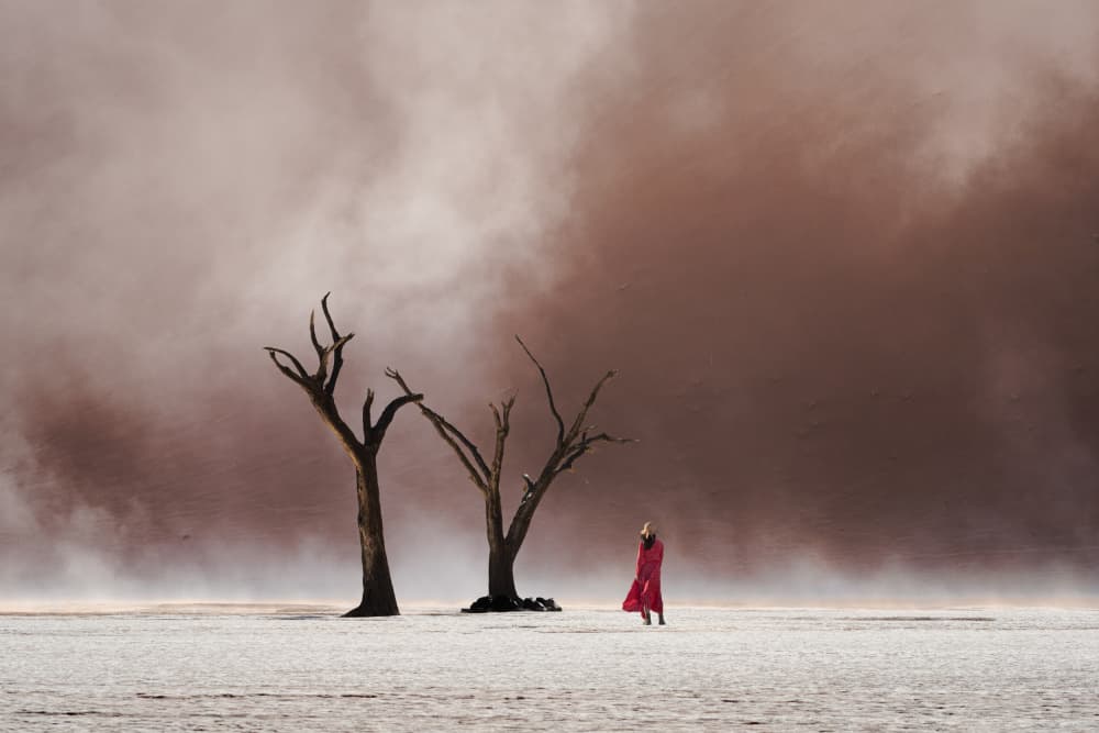 Red Dress Desert Storm by Willa Wei — canvas wall art