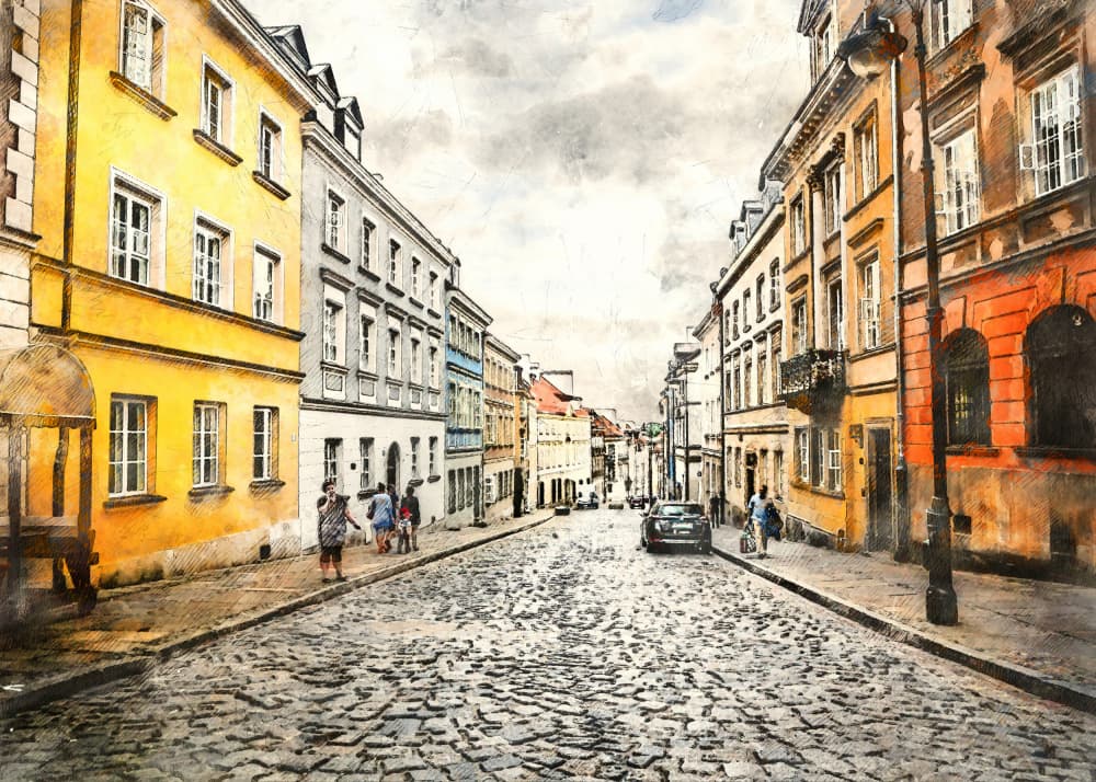 Charming City Cobblestone Street by Justyna Jaszke — canvas wall art