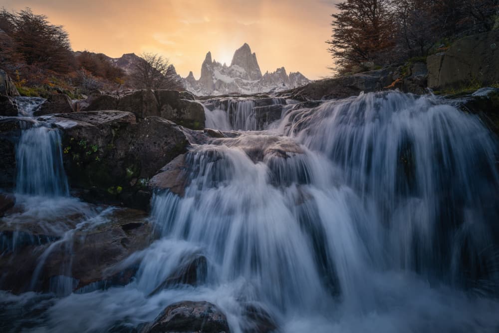 Golden Hour Mountain Waterfall by Yongnan Li (李永男) — canvas wall art