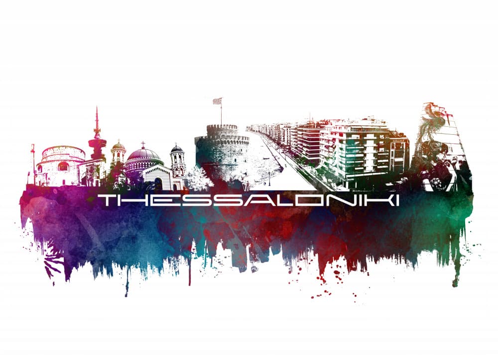 Colorful Thessaloniki Skyline by Justyna Jaszke — canvas wall art