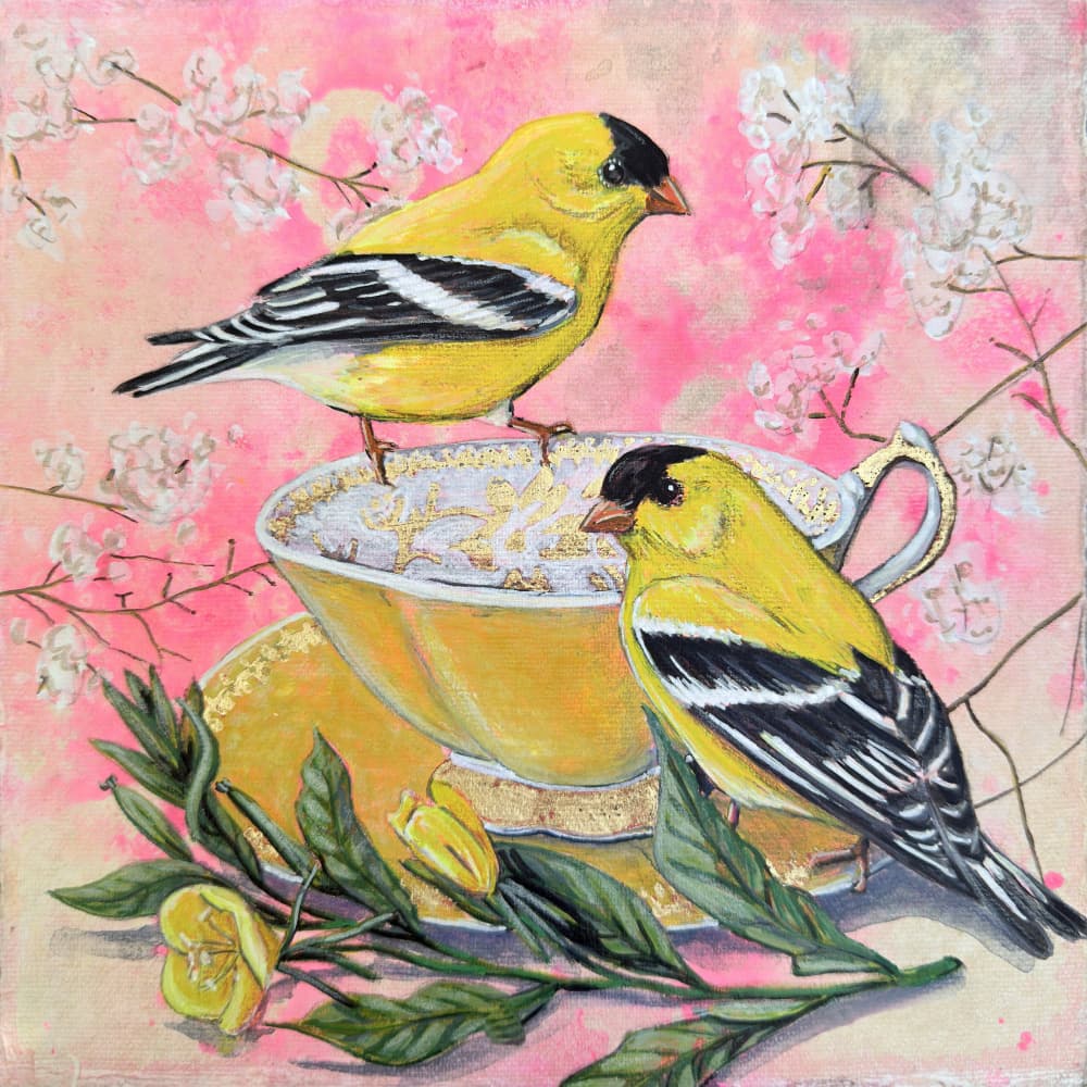 Spring Goldfinches and Teacup by Renee Machan Cottagecore Artist — canvas wall art