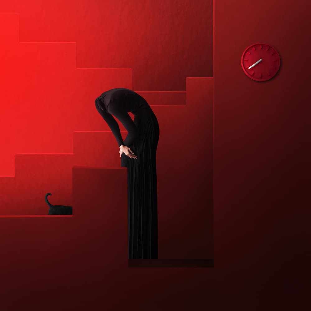 Red Stairs Black Dress by hardibudi — canvas wall art