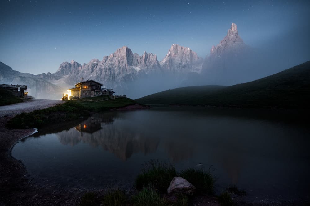 Starry Mountain Lake Hut by Simoon — canvas wall art
