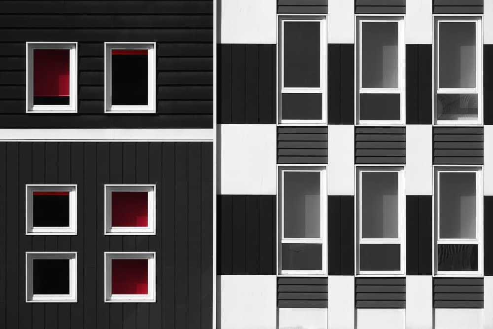 Geometric Red Window Facade by Hans-Wolfgang Hawerkamp — canvas wall art