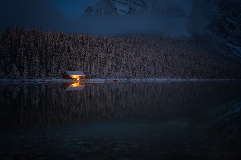 Cozy Cabin Winter Night by Leah Xu — canvas wall art