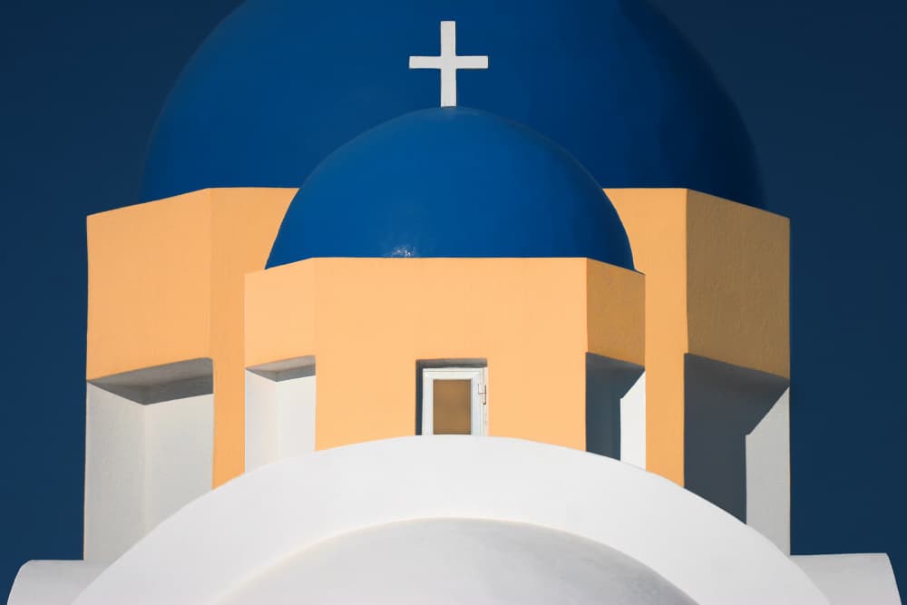 Santorini Blue Dome Cross by Hans-Wolfgang Hawerkamp — canvas wall art