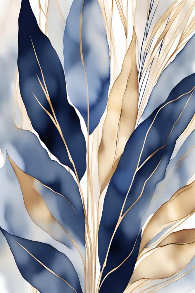 Elegant Blue Gold Leaves by Sally Ann Moss — canvas wall art