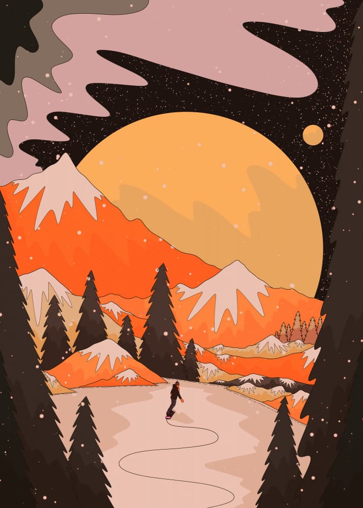 Snowboarding Under Orange Moon by Stephen Wade — canvas wall art