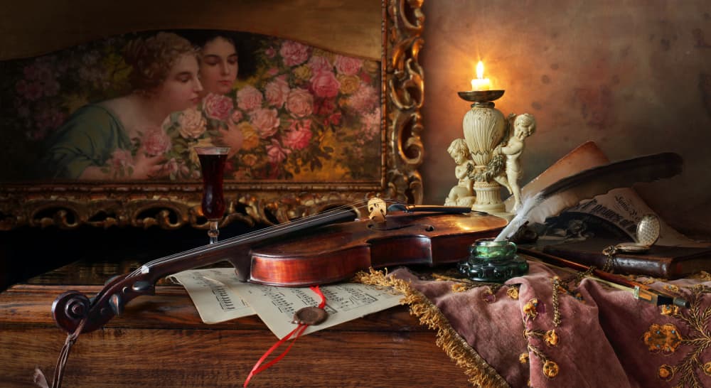 Candlelit Music Still Life by Andrey Morozov — canvas wall art