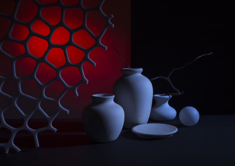White Vases Red Glow by Evgeniy Popov — canvas wall art