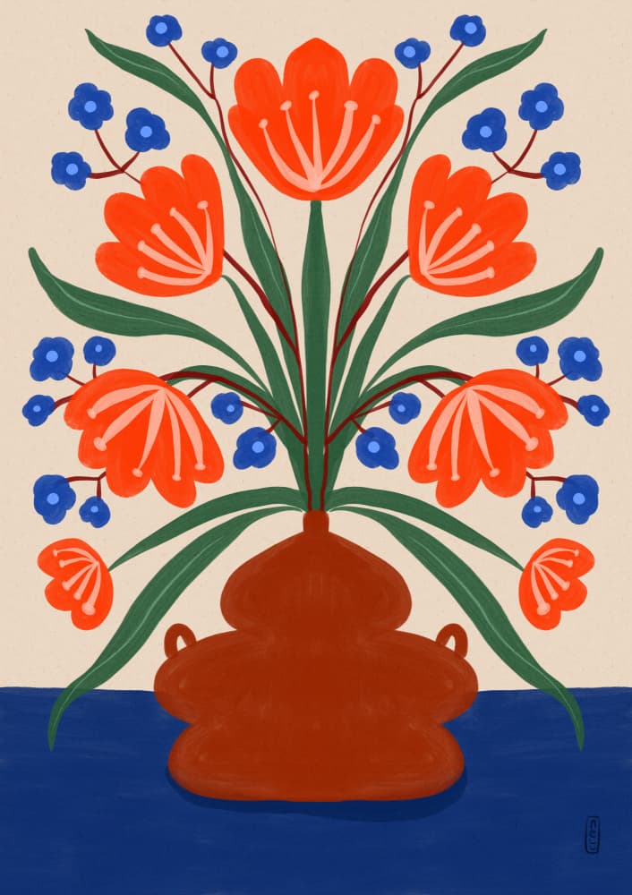 Vibrant Floral Terracotta Vase by Dirkie Nell — canvas wall art