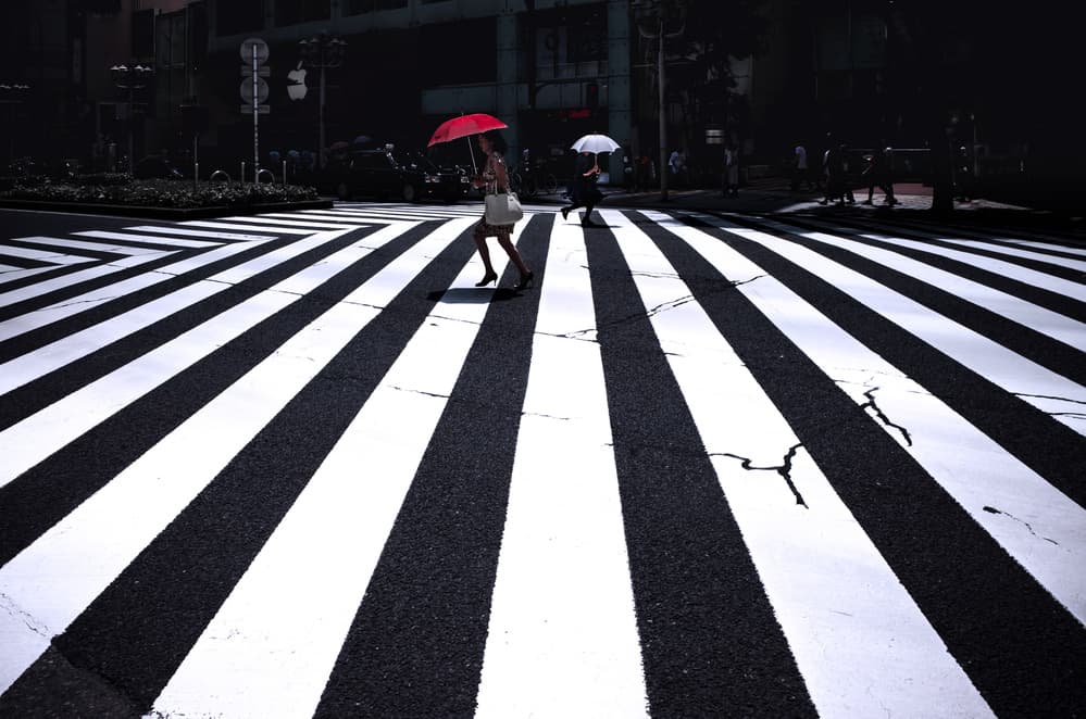 Red Umbrella Crosswalk by Tetsuya Hashimoto — canvas wall art