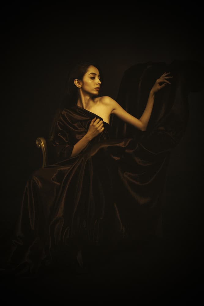 Golden Draped Woman by Mehdi Mokhtari — canvas wall art