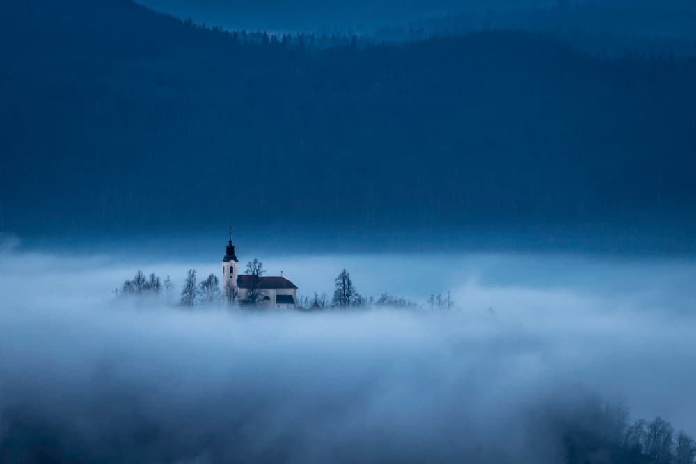 Misty Blue Church by Joško Šimic — canvas wall art