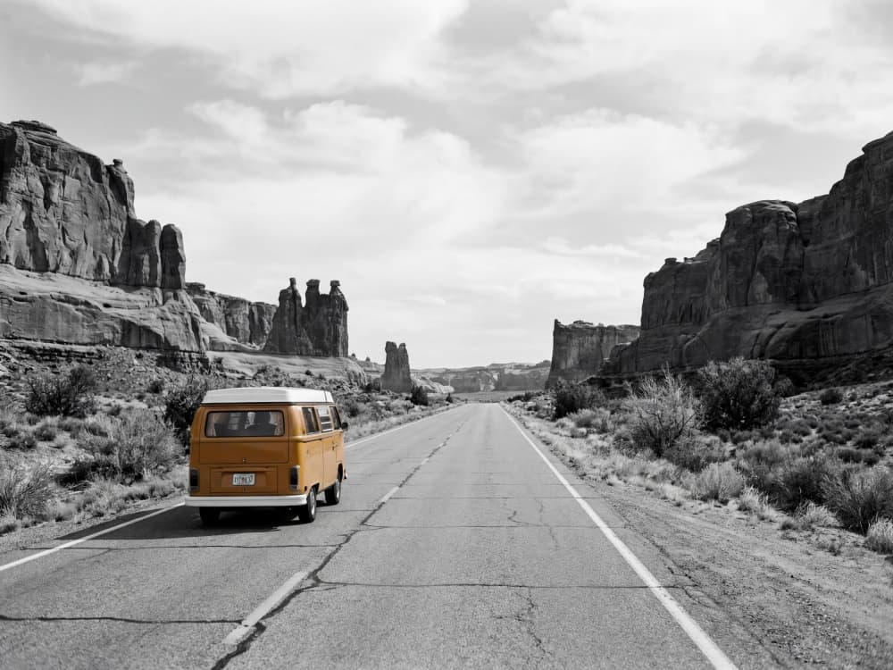 Orange Van Desert Road by Andreas Magnusson — canvas wall art
